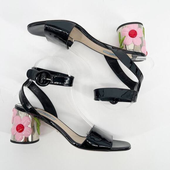 Prada Black Patent Leather Ankle Strap Flower Block Heel Sandal size IT 40 - Picture 4 of 12